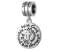 Cross Charm Pendant with God All Things Are Possible Matthew 19:26, Fits Pandora Religious Prayer Bracelet, Silver Plated Christian Faith Bible Verse Beads, Gift for Christmas/Easter