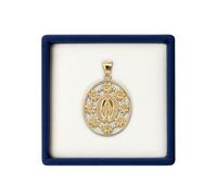 Cross + Crown Frame Design 14K Yellow Gold Virgin Mary Miraculous Medal for Women and Men, Durable Double Glued 14K Yellow Gold Virgin Mary Pendant with Premium Jewelry Box for Women & Men Gold Virgin