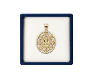 Cross + Crown Frame Design 14K Yellow Gold Virgin Mary Miraculous Medal for Women and Men, Durable Double Glued 14K Yellow Gold Virgin Mary Pendant with Premium Jewelry Box for Women & Men Gold Virgin