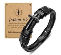 Cross Cuff Bracelet for Men Black Leather Stainless Steel Verse Bracelet | Inspirational Faith Birthday Gift for Dad Brother Family Catholicism Baptism and Confirmation First Holy Communion Gifts
