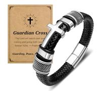 Cross Cuff Bracelet for Men Black Leather Stainless Steel Verse Bracelet | Inspirational Faith Birthday Gift for Dad Brother Family Catholicism Baptism and Confirmation First Holy Communion Gifts