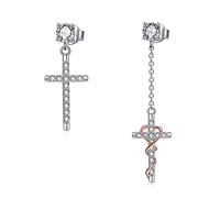 Cross Earrings with Cubic Zirconia Irregular Asymmetrical Hanging Cross Dangle Drop Charm 925 Sterling Silver Stud Earrings Religious Christian Jewellery Gifts for Women Men