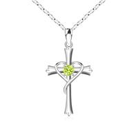 Cross for Women Sterling Silver Cross Birthstone Cross Cross Pendant for Mothers Wife Daughter-Aug-Peridot, 18"+2", Sterling Silver, Cubic Zirconia for girls