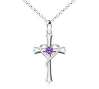 Cross for Women Sterling Silver Cross Birthstone Cross Cross Pendant for Mothers Wife Daughter-Feb-Amethyst, 18"+2", Sterling Silver, Cubic Zirconia for girls