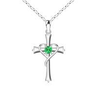 Cross for Women Sterling Silver Cross Birthstone Cross Cross Pendant for Mothers Wife Daughter-May-Emerald, 18"+2", Sterling Silver, Cubic Zirconia for girls