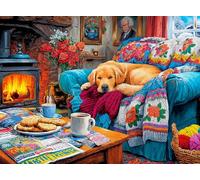 Cross & Glory - A Good Dog - 1000 Piece Jigsaw Puzzle for Adults | Cozy Cabin Fireplace Scene with Sleeping Golden Retriever | Warm, Sentimental Winter Puzzle
