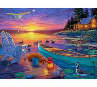 Cross & Glory - Sunset Bay - 1000 Piece Jigsaw Puzzle for Adults | Lakeside Sunset Cabin Scene | Cozy Dock & Canoe Artwork | Premium 1000 Piece Puzzle