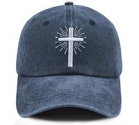 Cross Hat for Men Women, Adjustable Cotton Embroidered Christian Baseball Cap, Navy, One size