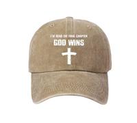 Cross Hat for Men Women, Adjustable God Wins Print Christian Washed Baseball Cap Khaki