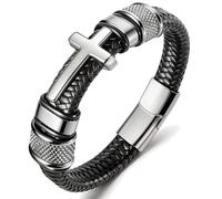 Cross Leather Bracelet for Men, Stainless Steel Black Braided Leather Bracelet with Magnetic Clasp, Classic Adjustable Jewelry Gift for Men Dad Husband ，Silver