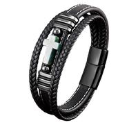 Cross Leather Bracelet For Men Women Natural Stone Cross Multilayer Braided Memorial Wristband With Magnetic Buckle Religious Activities Holiday Gifts Black-3 23 Cm