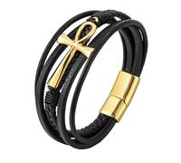 Cross Leather Bracelet Men Multi-Layer Hand Braided Faith Leather Bracelet with Magnetic Clasp Vintage Punk Cuff Bangles Catholic Faith Wristbands Jewelry Gifts Gold 21Cm