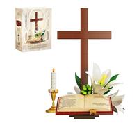 Cross Lily Flower Building Set, 578 PCS Jesus Bible Church Decor Bricks Model Kits with Candle, Compatible with Mainstream Brands, Faith Education Toys Gifts for Sunday School, Adults Mothers Women