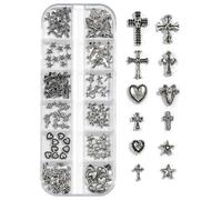 Cross Nail Charms,1Boxes 12Grids 3D Silver Goth Nail Gems,Vintage Metal Alloy Cross Star Heart Nail Charm Rhinestones Studs for Women Girls Manicure Design (A)