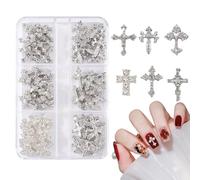 Cross Nail Charms, 60Pcs 3D Nail Charms Gold/Silver Nail Art Crosses Nail Rhinestones and Gems Metal Punk Nail Jewelry Nail Studs for Women Girls Nail Decorations Accessories (Silver)