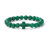 Cross Natural Stone Bracelet,8mm Malachite Bead with Cross Charm Handmade Beaded Bangles for Men Women Jesus Christian Gifts,Green - Black 8mm