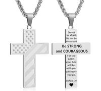 Cross Necklace for Men, Bible Verse American Flag Pendant Gifts for Birthday Christmas, First Communion Baptism Christian Religious Gifts, S, Stainless Steel, No Gemstone