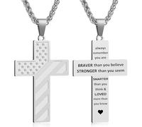 Cross Necklace for Men, Bible Verse American Flag Pendant Gifts for Birthday Christmas, First Communion Baptism Christian Religious Gifts, S, Stainless Steel, No Gemstone