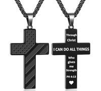 Cross Necklace for Men, Bible Verse American Flag Pendant Gifts for Birthday Christmas, First Communion Baptism Christian Religious Gifts, S, Stainless Steel, No Gemstone