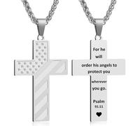 Cross Necklace for Men, Bible Verse American Flag Pendant Gifts for Birthday Christmas, First Communion Baptism Christian Religious Gifts, S, Stainless Steel, No Gemstone