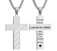 Cross Necklace for Men, Bible Verse American Flag Pendant Gifts for Birthday Christmas, First Communion Baptism Christian Religious Gifts, S, Stainless Steel, No Gemstone