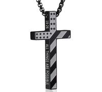 Cross Necklace for Men Boys Black American Flag Bible Verse Stainless Steel Cross Chain Pendant for Men Boy Religious Christian Catholic First Holy Communion Baptism Confirmation Jewelry Gifts 19:26