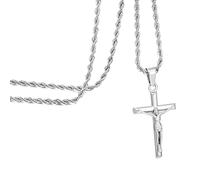Cross Necklace for Men - The Passion of Jesus Silver Chain, Stainless Steel, 20'' Rope
