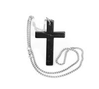 Cross Necklace - Handmade - Natural Shungite Stone Pendant with Stainless Steel Chain, Polished Black Finish, Unisex Jewelry Gift - TOLVU