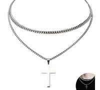 Cross Necklace Men's Cross Chain Silver 20/22 Inch Stainless Steel Cuban Silver Chain Layered Curb Chain Jesus Cross Necklace Men Pendant Jewellery Gifts for Men Women Boys
