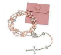 Cross Necklace, Pink Alloy Rosary Catholic Gifts for Women, Delicate Christian Jewellery with Bag, Precious Christening Gift for New Christians Baby Girl Baptism Women