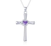Cross Necklace Sterling Silver Religious Hug Hand Heart Purple Birthstone Crucifix Pendant Necklace Jewellery for Women