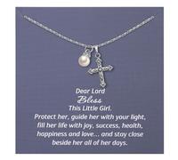 Cross Necklace with Pearl Charm for Women, Christian Blessing Jewelry Gift for Baptism, Christening, First Communion, Elegant Cross and Pearl Necklace, Faith-Based Gift with Prayer, Medium, Stainless