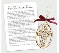 Cross Ornament - Faith Over Fear Story Card - Wooden Oval Cross Design - Christian Symbol of Courage and Trust - Inspirational Keepsake Reminding Us to Walk by Faith Not Fear