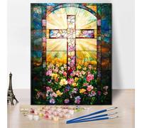 Cross Paint by Number for Adults, Stain Glass Blooming Flowers Paint by Numbers Kit for Adults, DIY Christ Oil Painting for Gift Home Wall Decor Art Crafts 16"x20"(Frameless)