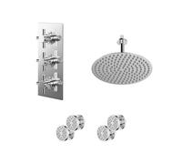 Cross Polished Concealed Triple Thermostatic Shower Valve and Round Head with 150mm Ceiling Arm and 4 Body Jets | Chrome | Stainless Steel | 300mm