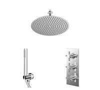 Cross Polished Concealed Triple Thermostatic Shower Valve and Round Head with 150mm Ceiling Arm and Outlet Holder with Kit | Chrome | Stainless Steel | 400mm