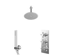 Cross Polished Concealed Triple Thermostatic Shower Valve and Round Head with 150mm Ceiling Arm and Outlet Holder with Kit | Chrome | Stainless Steel | 200mm