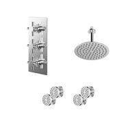 Cross Polished Concealed Triple Thermostatic Shower Valve and Round Head with 150mm Ceiling Arm and 4 Body Jets | Chrome | Stainless Steel | 200mm