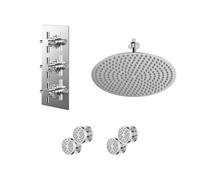 Cross Polished Concealed Triple Thermostatic Shower Valve and Round Head with 150mm Ceiling Arm and 4 Body Jets | Chrome | Stainless Steel | 400mm