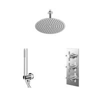 Cross Polished Concealed Triple Thermostatic Shower Valve and Round Head with 150mm Ceiling Arm and Outlet Holder with Kit | Chrome | Stainless Steel | 300mm