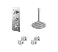 Cross Polished Concealed Triple Thermostatic Shower Valve and Round Head with 300mm Ceiling Arm and 4 Body Jets | Chrome | Stainless Steel | 200mm