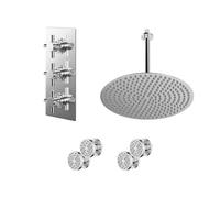Cross Polished Concealed Triple Thermostatic Shower Valve and Round Head with 300mm Ceiling Arm and 4 Body Jets | Chrome | Stainless Steel | 400mm