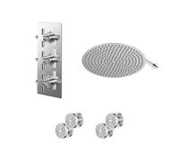 Cross Polished Concealed Triple Thermostatic Shower Valve and Round Head with 345mm Wall Arm and 4 Body Jets | Chrome | Stainless Steel | 400mm