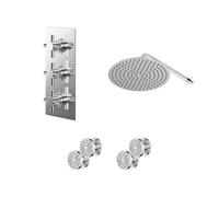 Cross Polished Concealed Triple Thermostatic Shower Valve and Round Head with 345mm Wall Arm and 4 Body Jets | Chrome | Stainless Steel | 300mm