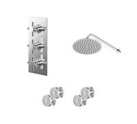 Cross Polished Concealed Triple Thermostatic Shower Valve and Round Head with 345mm Wall Arm and 4 Body Jets | Chrome | Stainless Steel | 200mm