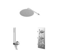 Cross Polished Concealed Triple Thermostatic Shower Valve and Round Head with 345mm Wall Arm and Outlet Holder with Kit | Chrome | Stainless Steel | 300mm