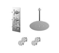 Cross Polished Concealed Triple Thermostatic Shower Valve and Round Head with Ceiling Arm and 4 Body Jets | Chrome | Stainless Steel | 300mm