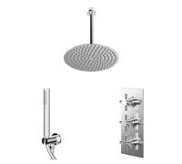 Cross Polished Concealed Triple Thermostatic Shower Valve and Round Head with Ceiling Arm and Outlet Holder with Kit | Chrome | Stainless Steel | 300mm