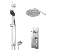 Cross Polished Concealed Triple Thermostatic Shower Valve and Thin Round Fixed Head | Chrome | Stainless Steel | 300mm