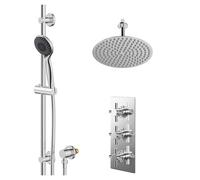 Cross Polished Concealed Triple Thermostatic Shower Valve and Thin Round Fixed Head | Chrome | Stainless Steel | 300mm